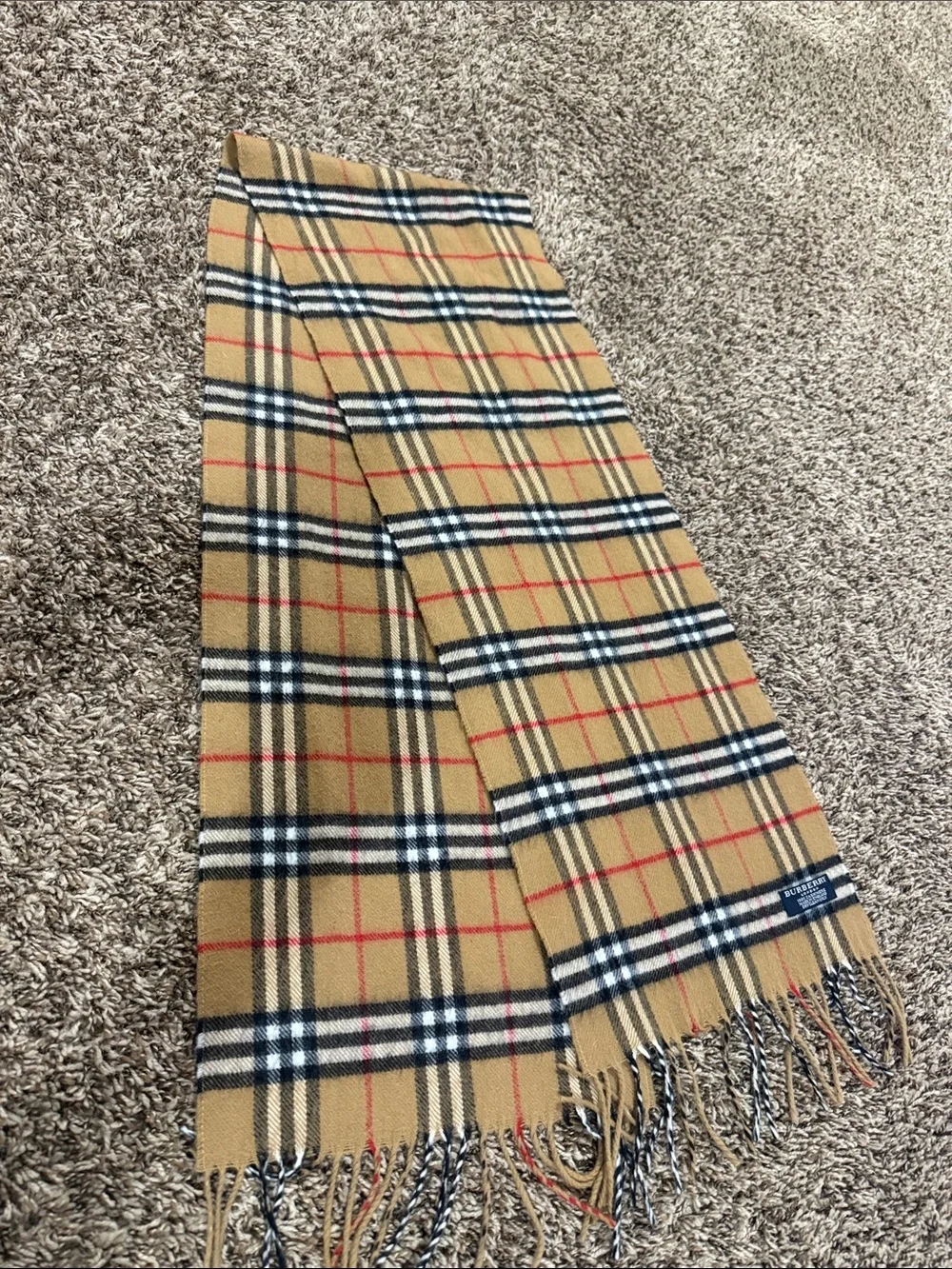 Burberry Beige Nova Check Wool Scarf with Black, White, and Red Stripes